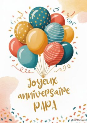 Illustration de ballons de fête entourés de confettis, avec un message d'anniversaire pour papa au centre.