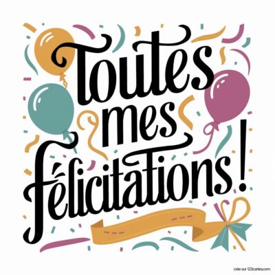 Carte de félicitations avec des ballons colorés et un message festif Toutes mes Félicitations ! sur fond léger.