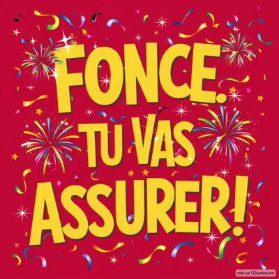 Carte de félicitations sur fond rouge, avec des feux d'artifice et le texte Fonce. Tu vas assurer! en lettres jaunes.