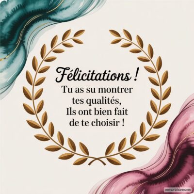 Carte de félicitations sur fond rouge, avec des feux d'artifice et le texte Fonce. Tu vas assurer! en lettres jaunes.