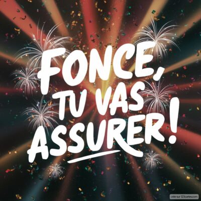 Carte de félicitations avec des feux d'artifice et le message Fonce, tu vas assurer ! en lettres blanches sur fond coloré.