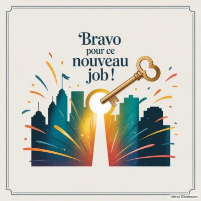 Carte de félicitations pour un nouveau job, avec une clé dorée et des feux d'artifice au-dessus d'une silhouette de ville.