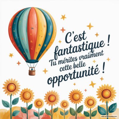 Un ballon chaud coloré survole des tournesols. Le message félicite pour une nouvelle opportunité professionnelle.