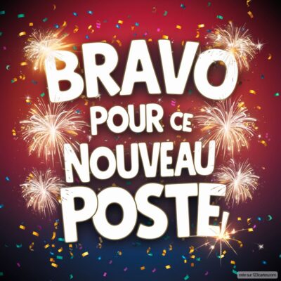 Félicitations pour le nouveau poste, avec des feux d'artifice et des confettis sur fond coloré.