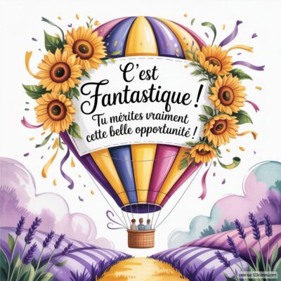 Image d'une montgolfière colorée entourée de tournesols, avec un message de félicitations pour un nouveau poste.