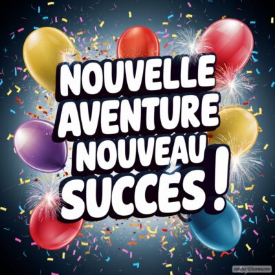 Carte de félicitations avec des ballons colorés et des confettis, message Nouvelle aventure, nouveau succès ! en gros caractères.
