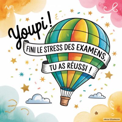 Illustration colorée d'une montgolfière avec le message Youpi ! Fini le stress des examens, tu as réussi ! et des étoiles.