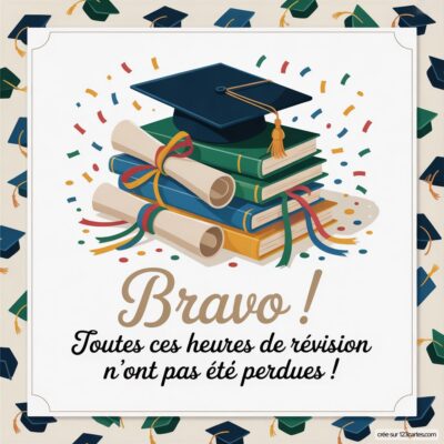 Carte de félicitations avec un chapeau de diplômé, des livres et des rouleaux de diplôme, décorée de confettis colorés et d'un message.