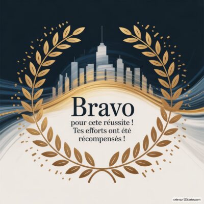 Carte de félicitations avec une couronne de laurier dorée et un fond stylisé, message : Bravo pour cette réussite !