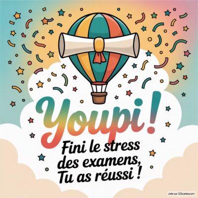 Carte de félicitations avec un ballon coloré sur fond pastel. Inscription : Youpi ! Fini le stress des examens, Tu as réussi !