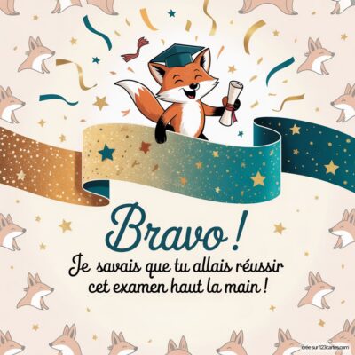 Image représentant un renard souriant en cap et en gown, tenant un diplôme, entouré de confettis et de rubans colorés avec le texte Bravo !.