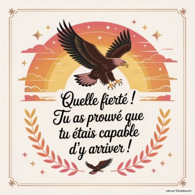 Carte virtuelle de félicitations : un aigle s'élève sous un ciel coloré, entouré de lauriers avec le texte inspirant sur la réussite.