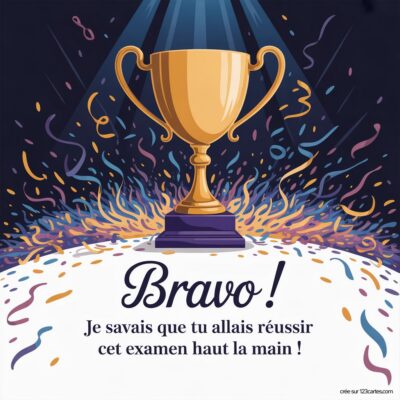 Carte virtuelle de félicitations avec une coupe dorée sur un socle, entourée de confettis et de rayons lumineux. Texte Bravo ! en dessous.