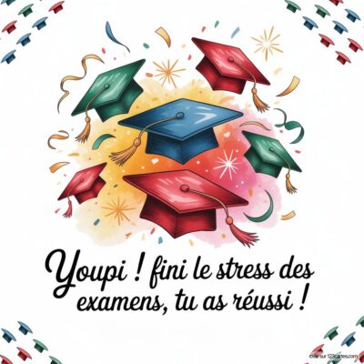 Carte de félicitations illustrée avec des chapeaux de diplômés flottants et un message joyeux sur la réussite aux examens.