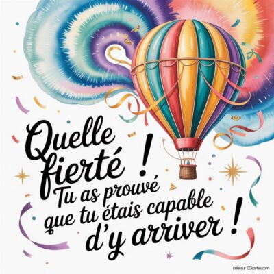 Une montgolfière colorée entourée de confettis et de vagues colorées, avec le message de félicitations pour une réussite.