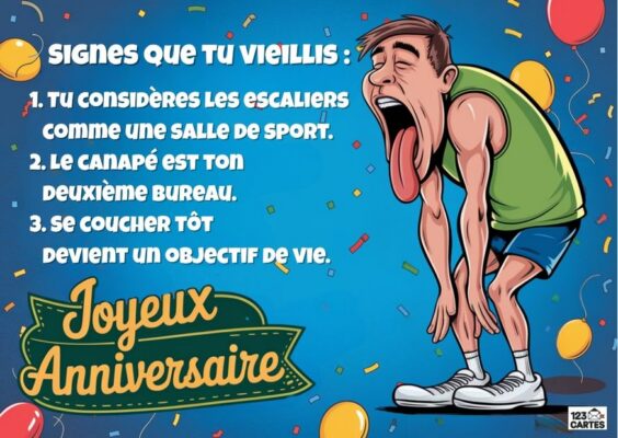 Carte d'anniversaire comique montrant un homme essoufflé en tenue de sport verte sur fond bleu avec des confettis.