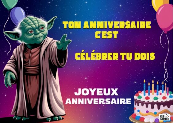Carte d'anniversaire Star Wars avec le maître Yoda pointant du doigt sur un fond étoilé spatial avec des ballons festifs.