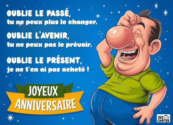 Carte d'anniversaire comique sur fond bleu étoilé montrant un homme souriant en polo vert se grattant la tête.