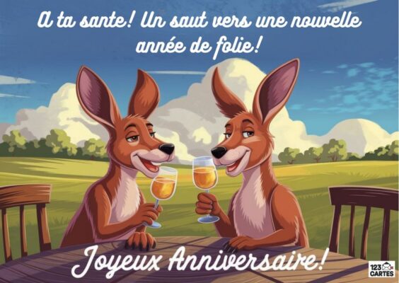 Carte d'anniversaire champêtre avec deux kangourous roux anthropomorphes trinquant avec des verres de vin dans un paysage de campagne verdoyant.