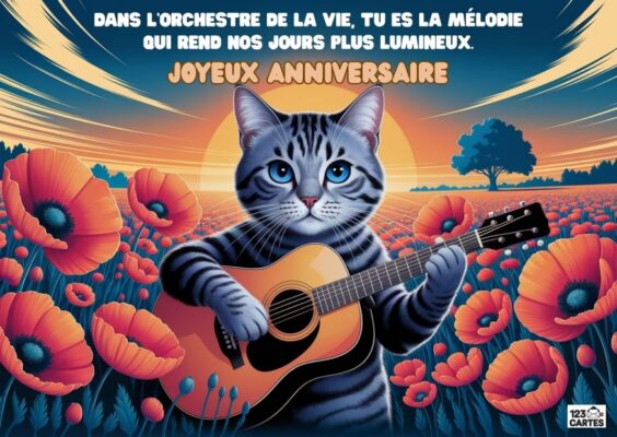 Carte d'anniversaire artistique avec un chat tigré aux yeux bleus jouant de la guitare acoustique dans un champ de coquelicots rouges au coucher de soleil.