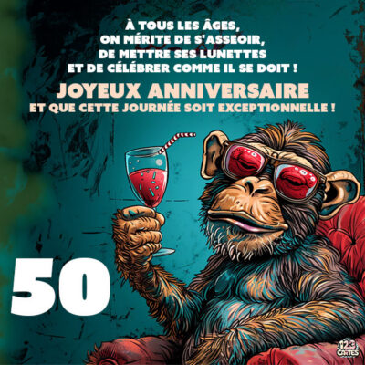 Un singe souriant portant des lunettes de soleil tient un cocktail, avec un message d'anniversaire 50 ans joyeux et festif.