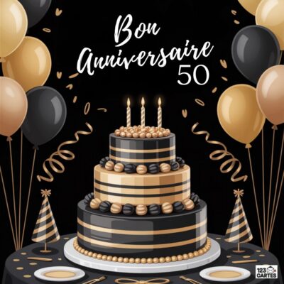 Illustration festive d'anniversaire 50 ans avec gâteau à étages noir et doré, ballons dorés et noirs, confettis et texte Bon Anniversaire 50.