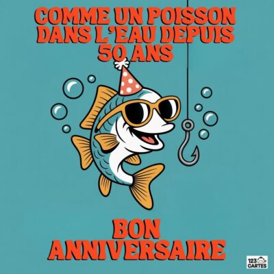 Illustration humoristique d'anniversaire 50 ans avec poisson à lunettes de soleil et chapeau de fête, texte Comme un poisson dans l'eau depuis 50 ans - Bon anniversaire sur fond turquoise avec bulles.