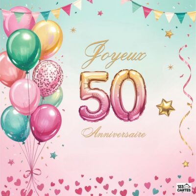 Illustration festive 50 ans avec ballons multicolores, confettis, guirlandes de fanions et chiffres 50 dorés sur fond pastel avec texte Joyeux Anniversaire.