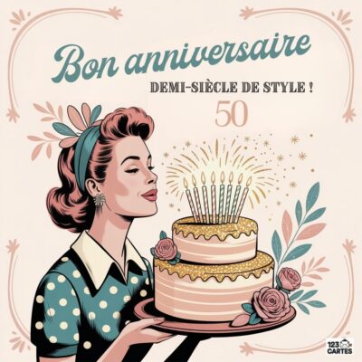 Carte rétro 50 ans avec pin-up des années 50 tenant un gâteau d'anniversaire, style vintage avec texte Bon anniversaire - Demi-siècle de style ! 50.