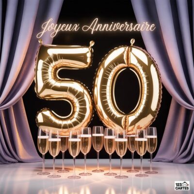 Scène festive anniversaire 50 ans avec ballons géants dorés chiffre 50, flûtes de champagne alignées et rideaux violets en arrière-plan, texte Joyeux Anniversaire.