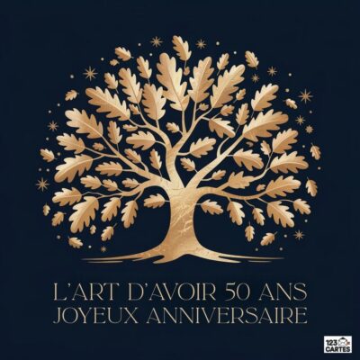 Illustration artistique anniversaire 50 ans avec arbre doré aux feuilles détaillées sur fond noir étoilé, texte L'art d'avoir 50 ans - Joyeux anniversaire.