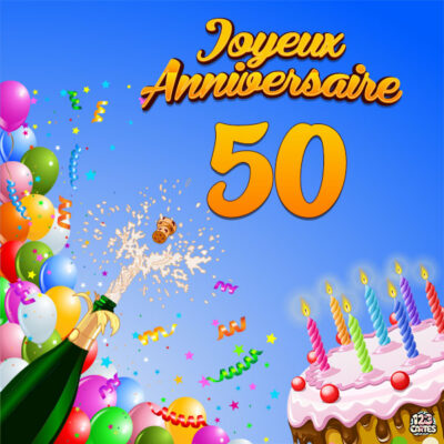 Image festive pour un 50ème anniversaire, avec un gâteau, champagne, des ballons colorés et des confettis. Joyeux Anniversaire.