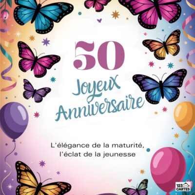 Carte festive 50 ans avec papillons multicolores voltigeant autour du chiffre 50, ballons colorés et texte Joyeux Anniversaire - L'élégance de la maturité, l'éclat de la jeunesse.