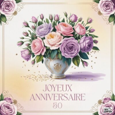 Carte florale raffinée anniversaire 50 ans avec bouquet de roses roses et violettes dans un vase argenté, cadre décoratif et texte Joyeux Anniversaire 50.