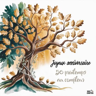 Illustration poétique anniversaire 50 ans avec arbre aux feuilles automnales dorées et vertes, lumière dorée filtrant à travers les branches, texte Joyeux anniversaire - 50 printemps au compteur.