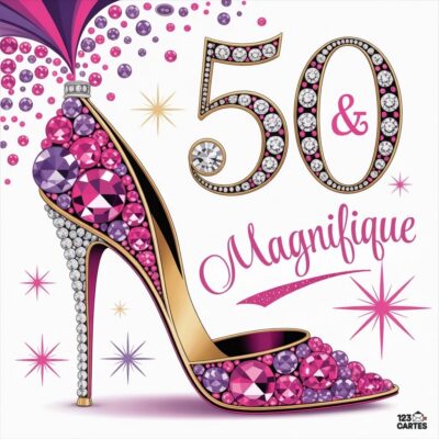 Carte glamour anniversaire 50 ans avec escarpin à talon haut orné de cristaux roses et violets, chiffres 50 sertis de diamants et texte 50 & Magnifique sur fond rose scintillant.