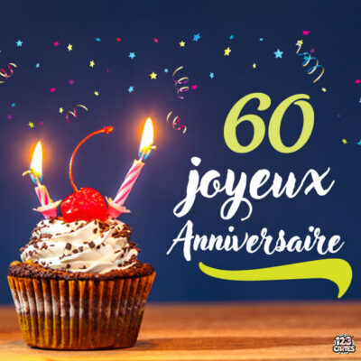 Muffin au chocolat avec bougies, décoré d'une cerise, sur fond bleu. Texte 60 Joyeux Anniversaire et confettis colorés.