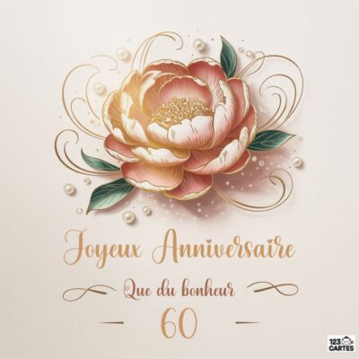Carte joyeux anniversaire 60 ans élégante avec grande pivoine rose dorée, ornements décoratifs dorés et perles, texte Joyeux Anniversaire - Que du bonheur - 60 sur fond beige pastel
