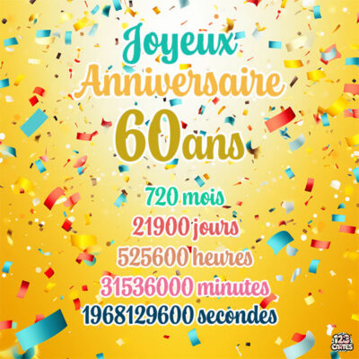 Image de fête d'anniversaire avec des confettis. Texte Joyeux Anniversaire 60 ans et équivalents en temps.