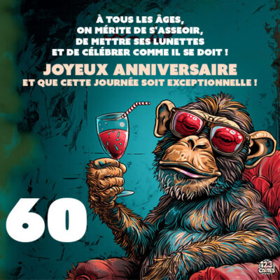 Un singe souriant portant des lunettes de soleil tient un cocktail, avec un message d'anniversaire 60 ans joyeux et festif.