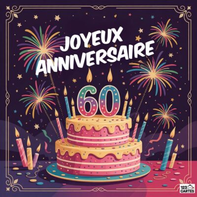 Carte joyeux anniversaire 60 ans festive avec gâteau à deux étages, bougies allumées, chiffres 60 colorés, feux d'artifice multicolores et étoiles sur fond violet avec cadre doré