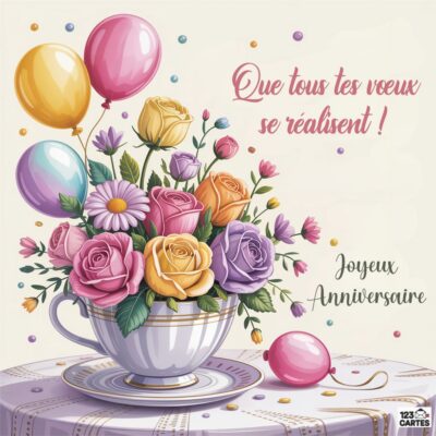 Carte anniversaire 60 ans avec bouquet de fleurs colorées dans une tasse de thé blanche, ballons roses et violets, confettis, message : Que tous tes vœux se réalisent ! Joyeux Anniversaire