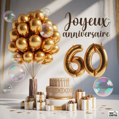 Décoration anniversaire 60 ans moderne avec ballons dorés métallisés, chiffres 60 dorés géants, cadeaux emballés dorés et bulles de savon sur fond blanc lumineux
