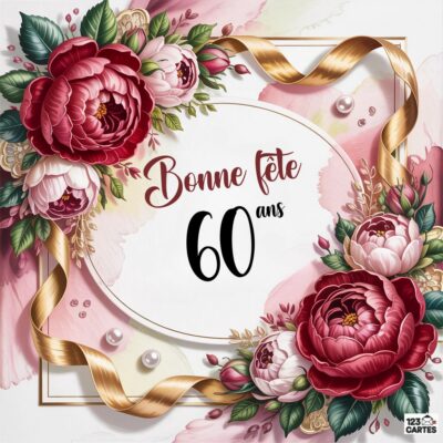 Carte anniversaire 60 ans romantique avec pivoines roses et bordeaux, ruban doré, cadre rond doré, message : Bonne fête 60 ans sur fond rose pastel délicat