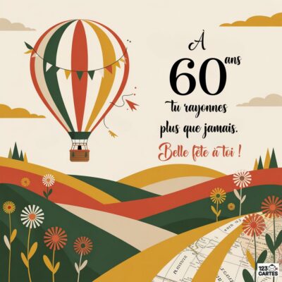 Carte anniversaire 60 ans vintage avec montgolfière rayée rouge et verte, paysage vallonné coloré, fleurs des champs, message : À 60 ans tu rayonnes plus que jamais, Belle fête à toi !