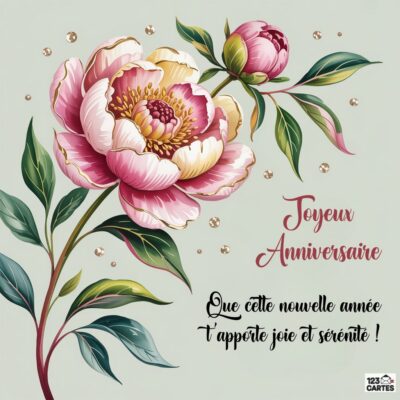 Carte joyeux anniversaire délicate avec grande pivoine rose et jaune aquarellée, feuillage vert, paillettes dorées, message : Joyeux Anniversaire - Que cette nouvelle année t'apporte joie et sérénité ! sur fond pastel