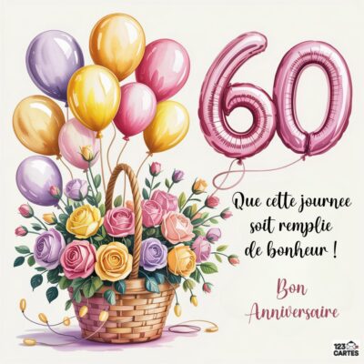 Composition anniversaire 60 ans avec panier en osier rempli de roses multicolores, ballons colorés violets, roses et dorés, ballons chiffres 60 roses, message : Que cette journée soit remplie de bonheur ! Bon Anniversaire