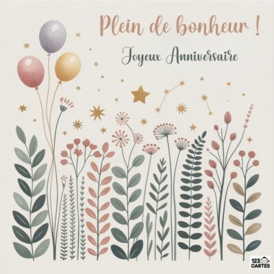 Carte joyeux anniversaire nature avec jardin de fleurs stylisées colorées, ballons pastel violet, rose et doré, étoiles dorées, message : Plein de bonheur ! Joyeux Anniversaire sur fond crème