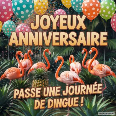 Carte d'anniversaire colorée avec des flamants roses, des ballons à pois et un message sur l'amitié et une journée de fête.