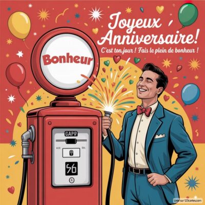Carte d'anniversaire illustrant un homme souriant près d'une pompe à bonheur vintage, célébrant l'amitié avec des ballons et des confettis.